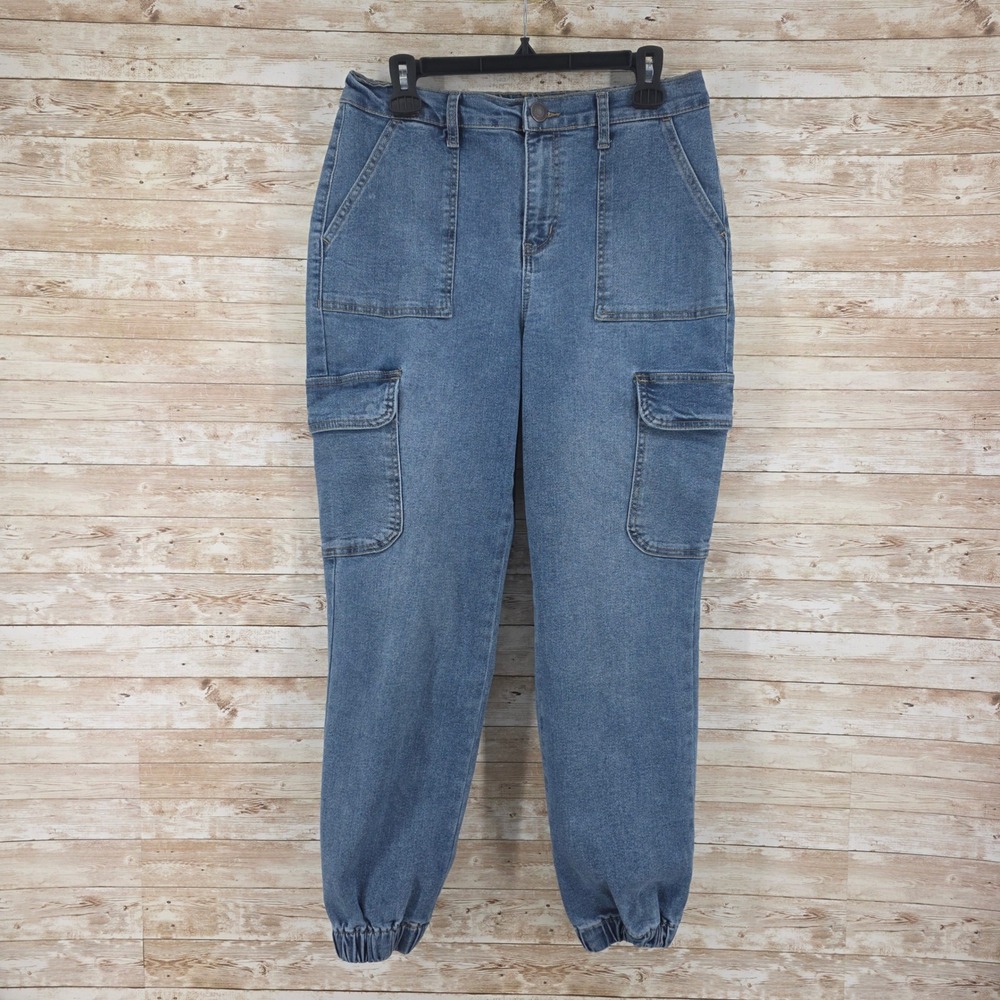 SO Jeans Size Medium Cargo Jogger High Rise Medium Wash Stretch Utility Blue